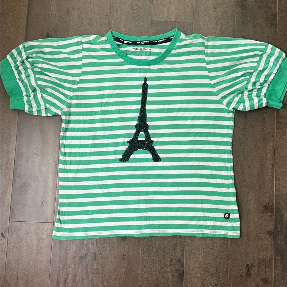 Karl Lagerfeld Green and White Striped Eiffel Tower Tee - Picture 1 of 7